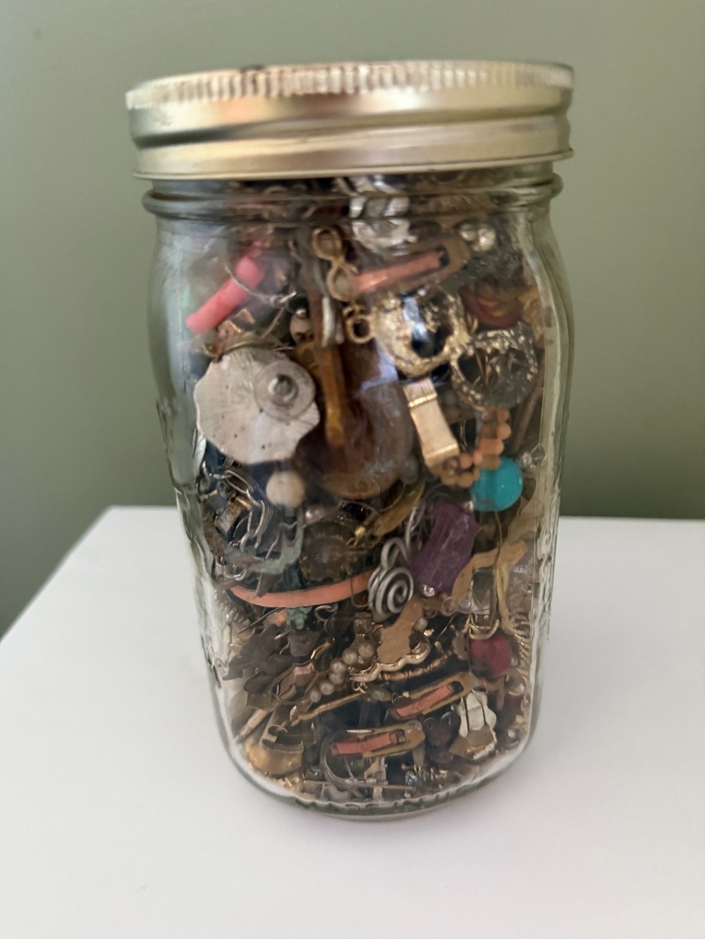 Mixed Costume Jewelry Craft Repair Lot in Glass Mason Jar 3.44